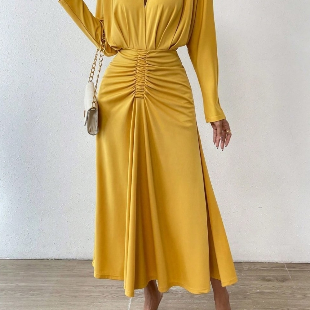 Yellow Preppy Womens Solid Ruched Front Ruched Waist A-line Dress - Picture 4 of 4